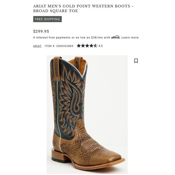 ARIAT Men\'s 11.5EE Gold Point Western Boots Broad Square Toe - EUC